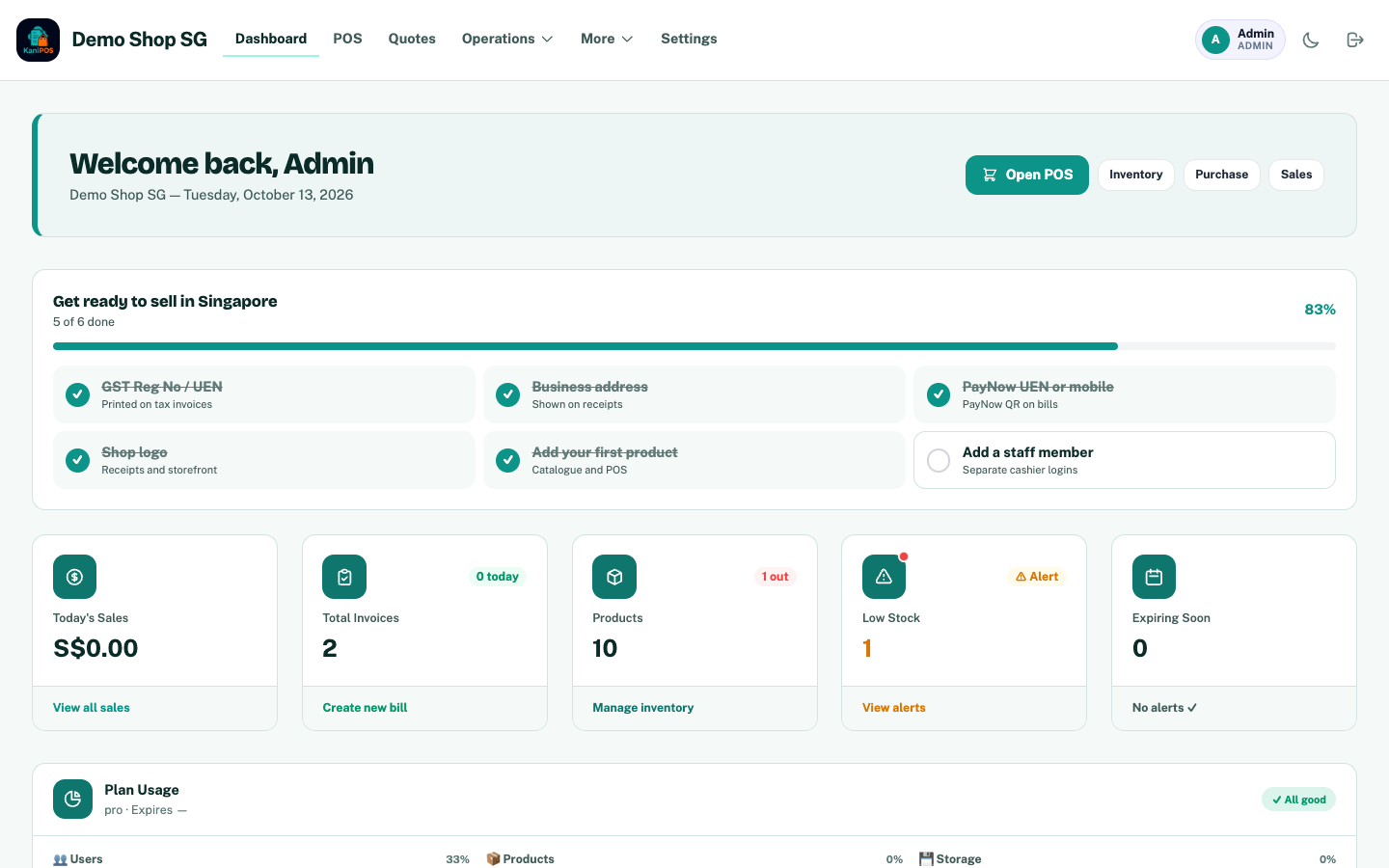 KaniPOS shop dashboard
